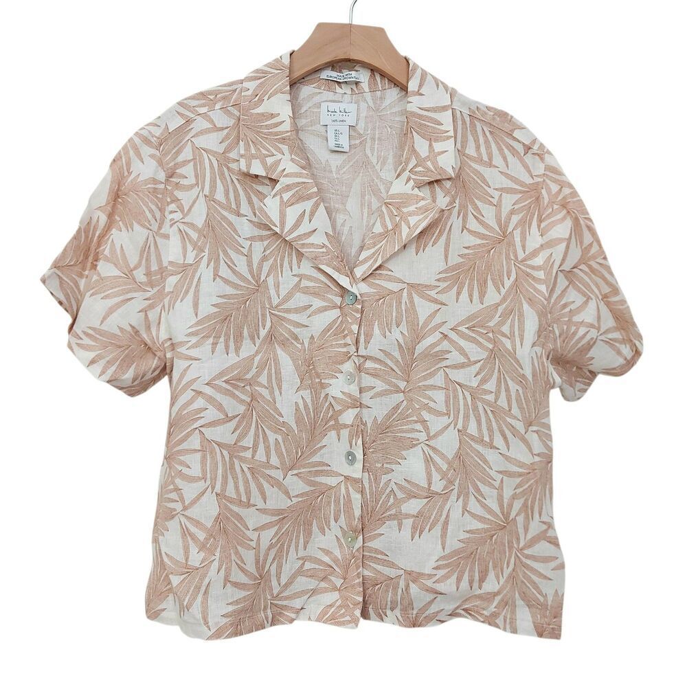 Nicole Miller New York Womens Large Beige Linen Shirt Short Sleeve Boho Coastal